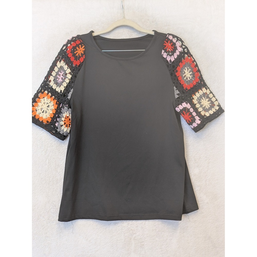 Unbranded Crochet Sleeve Top‎ Women's Small Black Granny Square Boho Retro